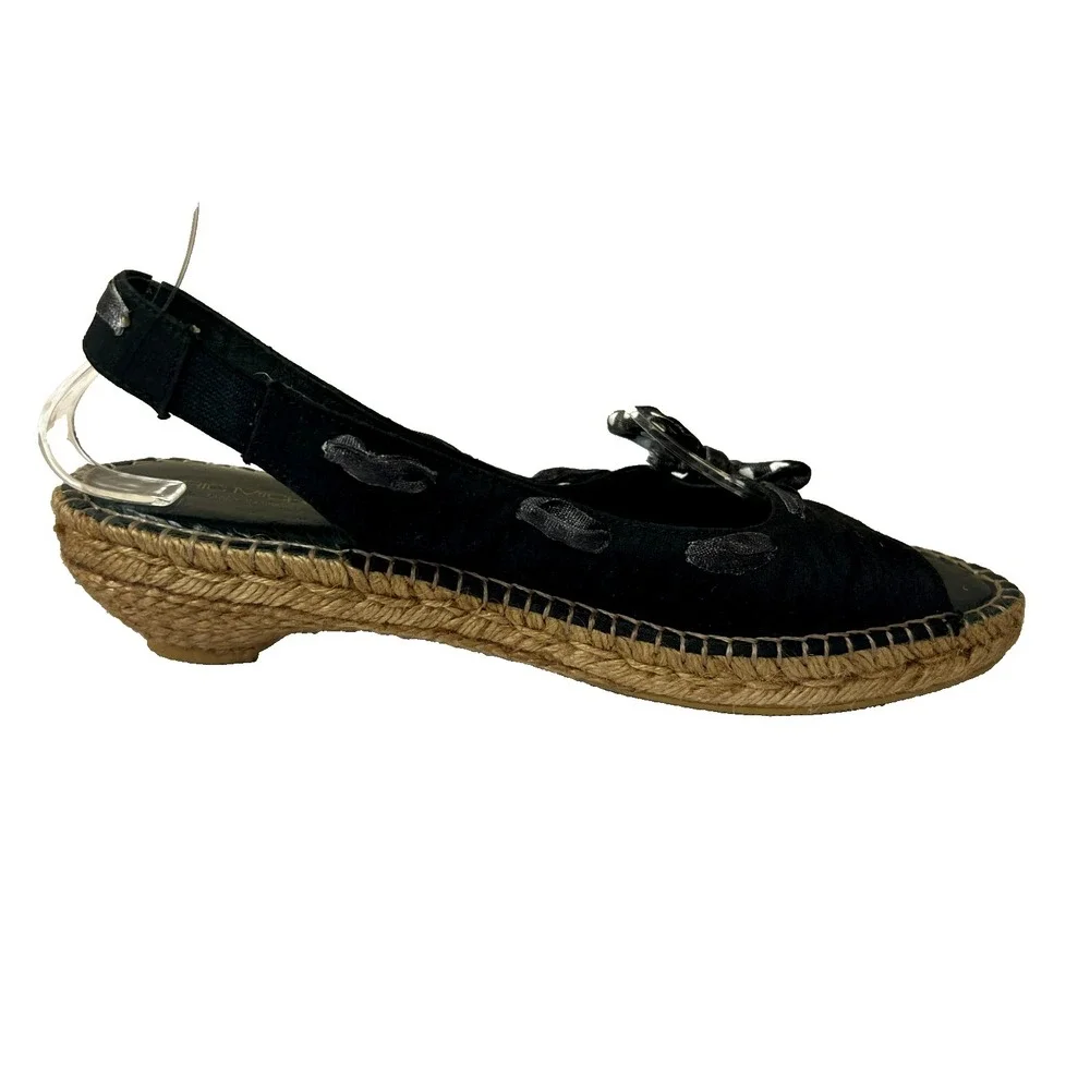 Eric Michael Paseart Espadrille Wedge Sandal Black Satiny Sling Back‎ SZ 10.5